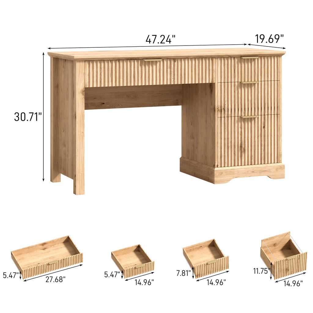 Fluted Executive Desk with Drawers, Wood Computer Desk with Ample File Drawer, Home Office Desk with Storage for