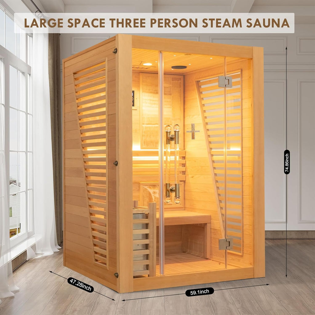 Smartmak Wood Home Steam Sauna, 3 Person Canadian Hemlock Traditional Luxurious Wooden Indoor Spa Room
