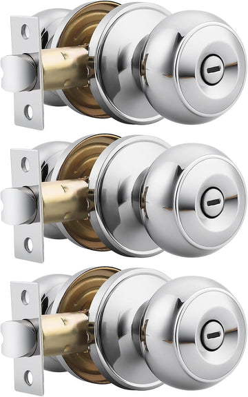 Interior Door Knobs, Polished Chrome with Lock, Bedroom Privacy Handles, 3 Pack