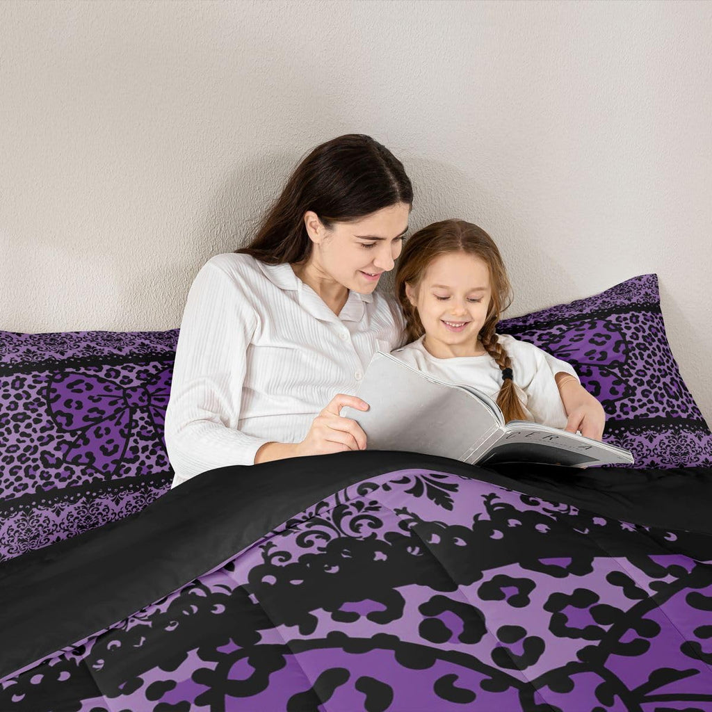 Black Purple Leopard Damask Bowknot Print Adults Comforter Set Full Size Gothic Antique Victorian Baroque Bedding Set