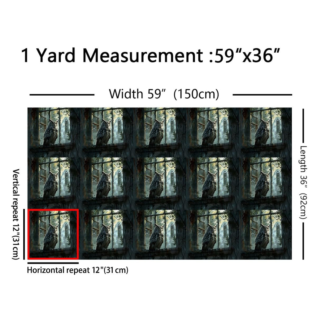Owl Fabric By The Yard, Window Upholstery Fabric, Rustic Gothic Darkness Halloween Horror Death Mystery Castle Theme