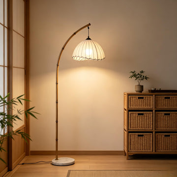 Bamboo Style Floor Lamp 66" Tall with Rattan Shade & Marble Base, Bohemian Arc Standing Light with E26 Bulb Included