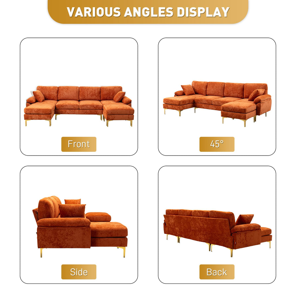 114" U-Shaped Velvet Sectional Couch with Ottoman, Orange