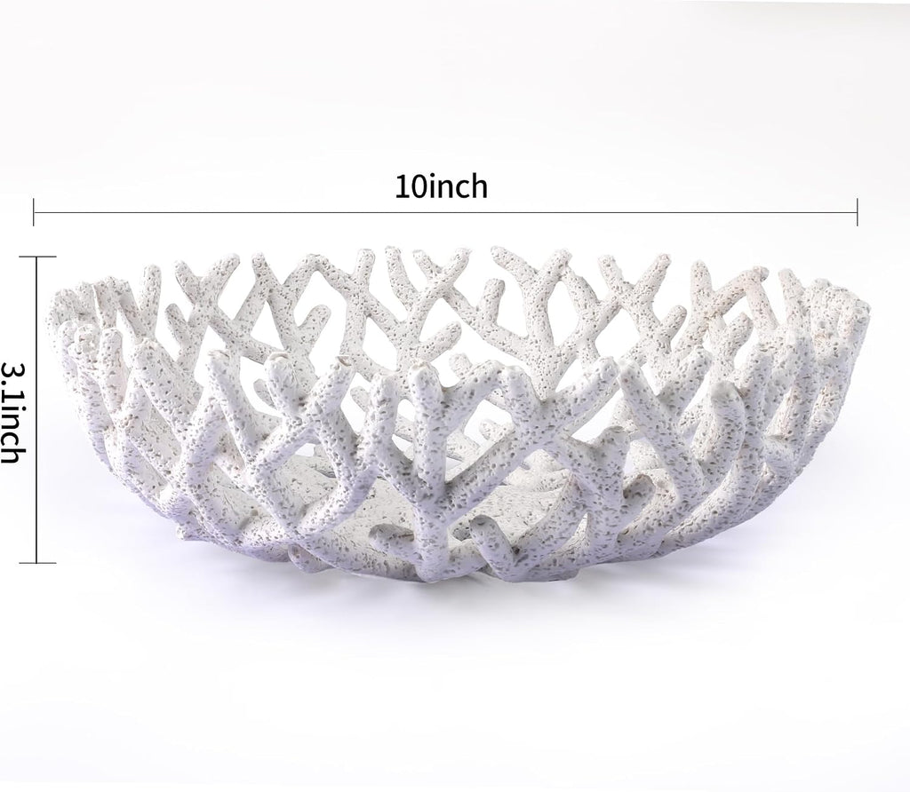 10-Inch White Resin Coral Bowl, Handcrafted Hollow Carved Coastal Art Decor | Handcarved hollow resin coral