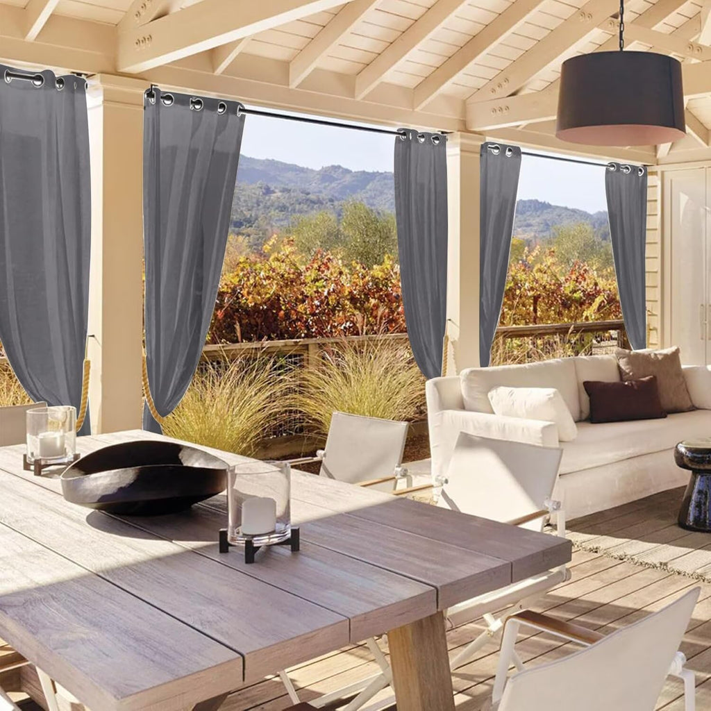 Outdoor Sheer Curtains Waterproof - 2 Panels Linen Look Grommet Curtain Light Filtering Outside Drapes, Pergola