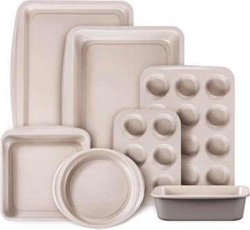 7-Piece Pans Set, Nonstick Bakeware Sets, Gray & Khaki | Cookie Sheets, Muffin, Bread, Cake, Loaf, Roasting Pan
