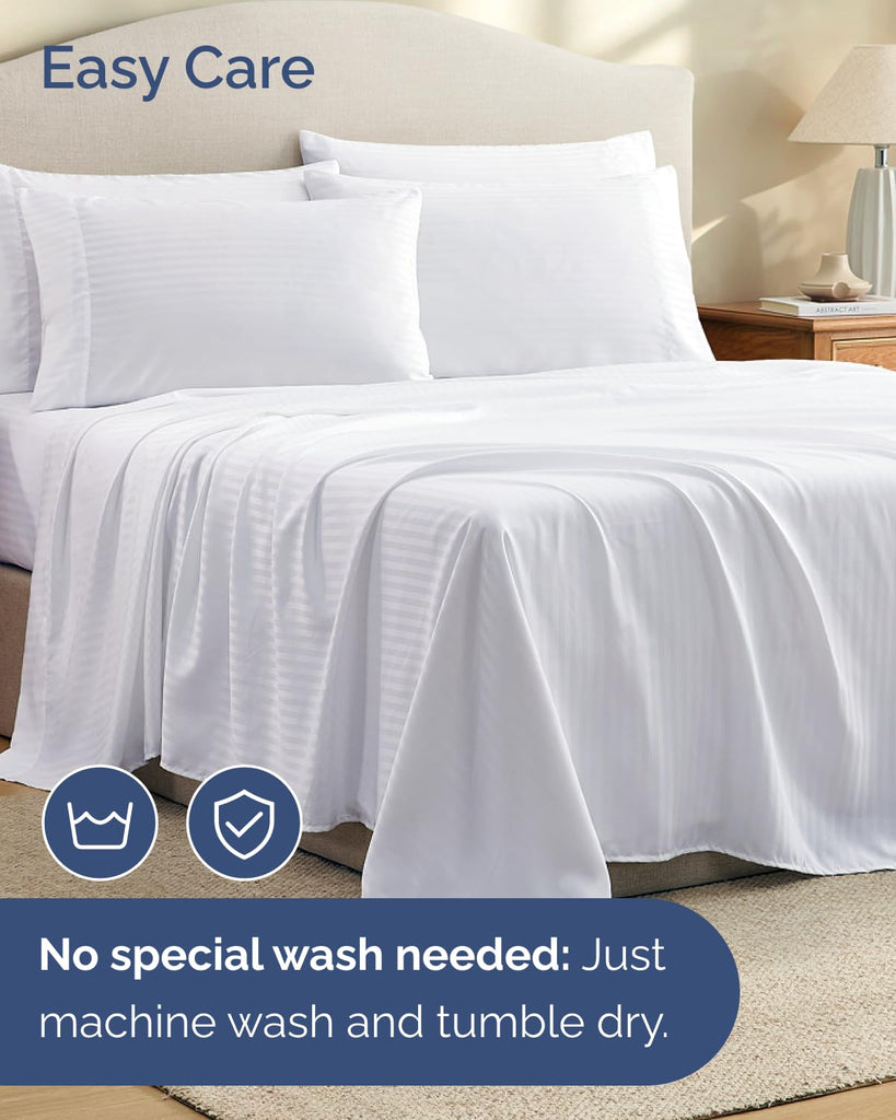 CGK Split King 7pc Bed Sheet Set - Breathable & Cooling - Striped White