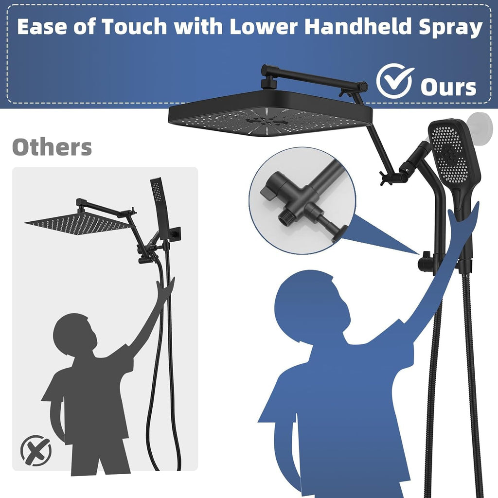 14" Wide Rain Shower Head with Handheld, Full Body Coverage, Black