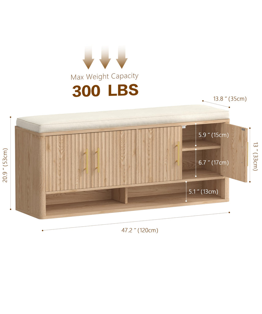 Fluted Shoe Storage Bench, Entryway Bench with Adjustable Shelves