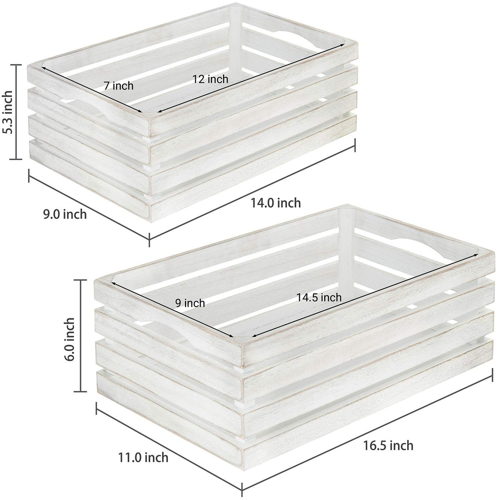 16 and 14 Inch Shabby White Washed Solid Wood Nesting Decorative Storage Crates, Vintage Farmhouse Wooden Stackable