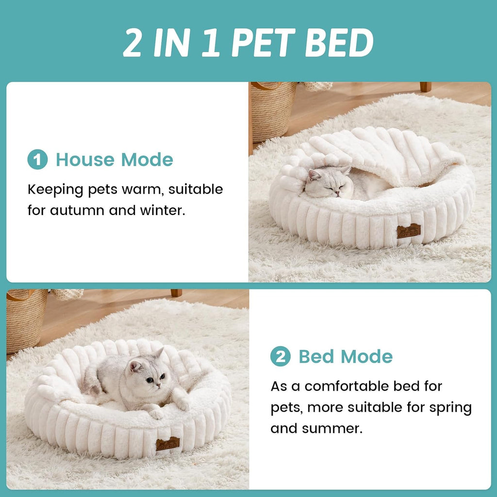 Hooded Blanket Cat Bed - Round Fluffy Donut Cuddler for Cats & Toy Dogs, Anti-Anxiety Faux Fur Pet Bed
