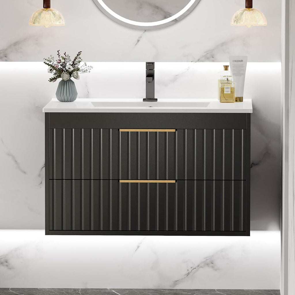 30" Floating Bathroom Vanity with Sink - Wall Mounted Vanity Cabinet with 2 Drawers & Gold Handles, Black