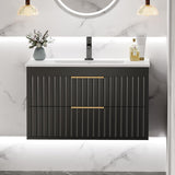 30" Floating Bathroom Vanity with Sink - Wall Mounted Vanity Cabinet with 2 Drawers & Gold Handles, Black