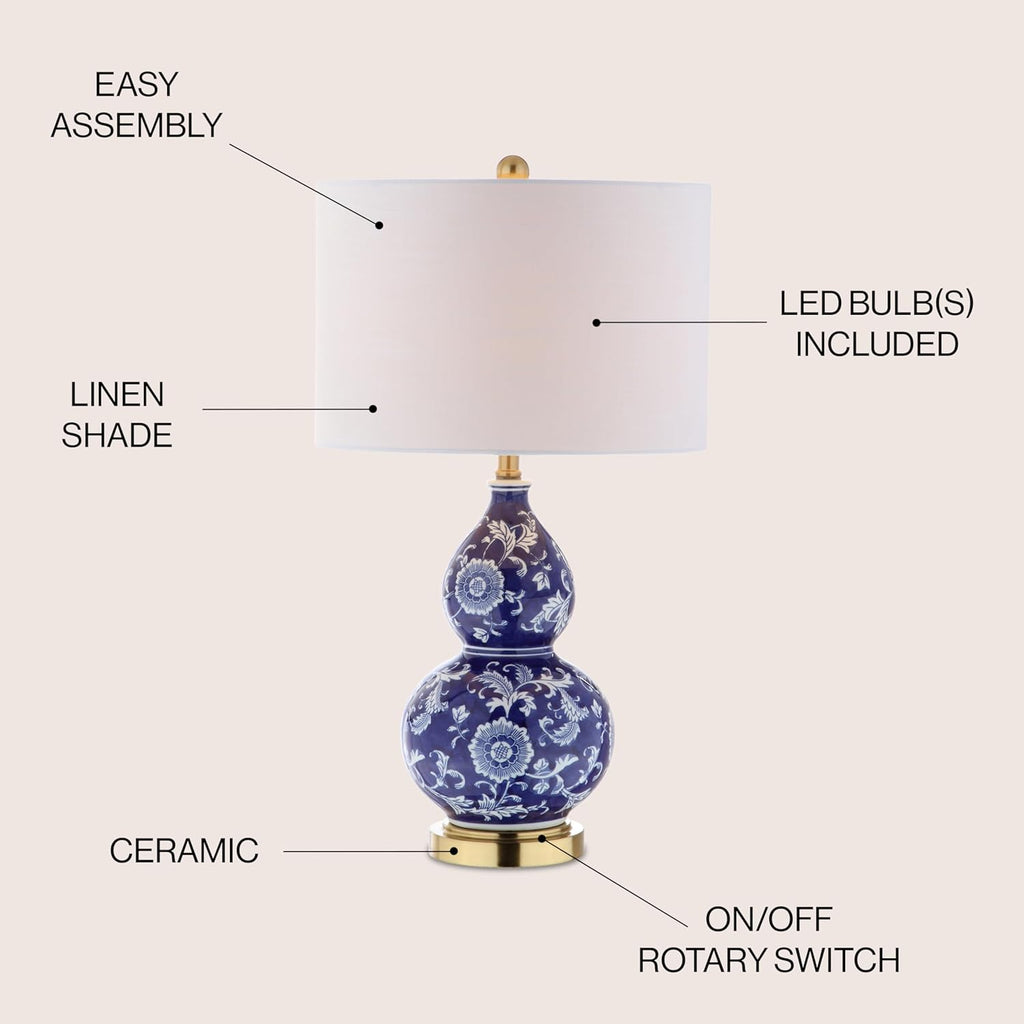27" Blue/White Ceramic Chinoiserie Table Lamp, Traditional Floral Double Gourd Vase Lamp with White Linen Drum Shade