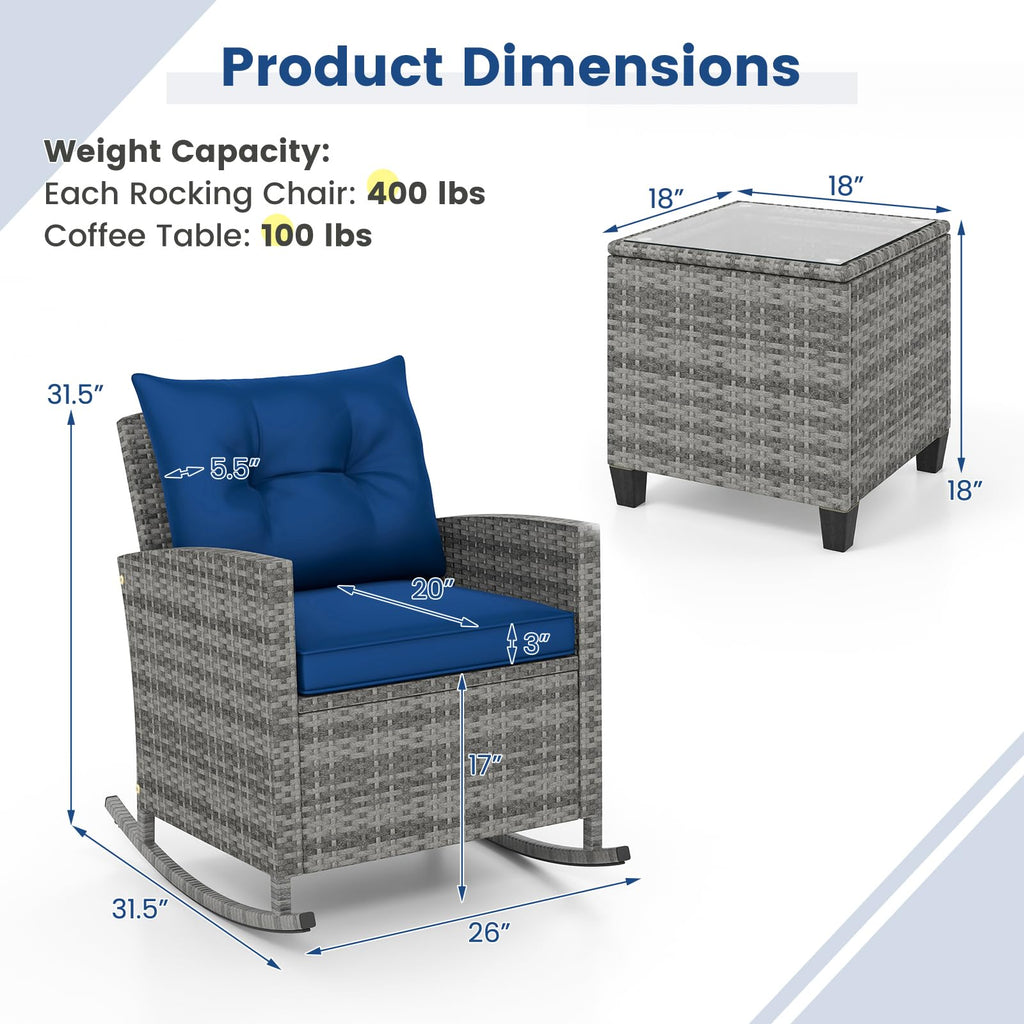 3 Piece Wicker Rocking Set, Patio Rattan Roker Chairs with Tempered Glass Table & Soft Cushions, Outdoor Furniture