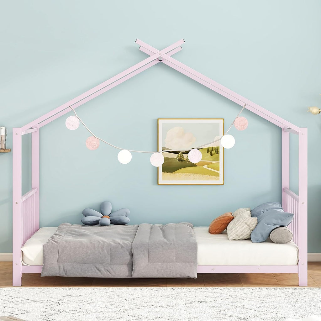 Kids Montessori Floor Bed, House Bed Frame with High Headboard, Floor Bed with Roof for Boys Girls, Floor Bed