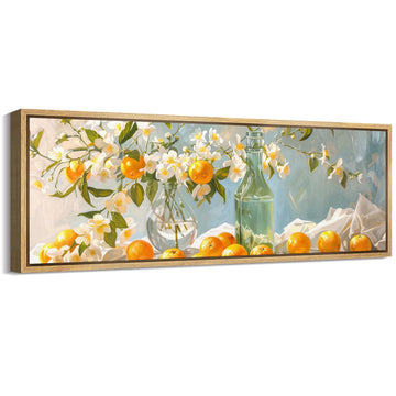Large Framed Canvas Print Wall Art Bright Still Life with Orange Blossoms and Citrus Fruits Antique Retro Ready to