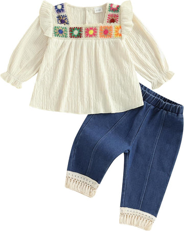 Toddler Baby Girl Crochet Blouse Tassel Denim Pants 2Pcs Boho Outfit Set