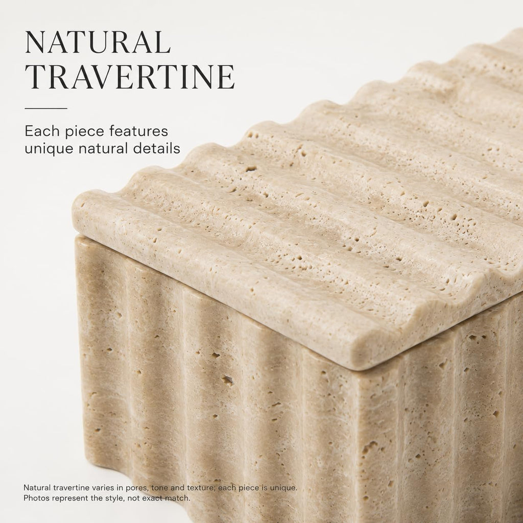Travertine Storage Box with Lid, Wave Stone Organizer