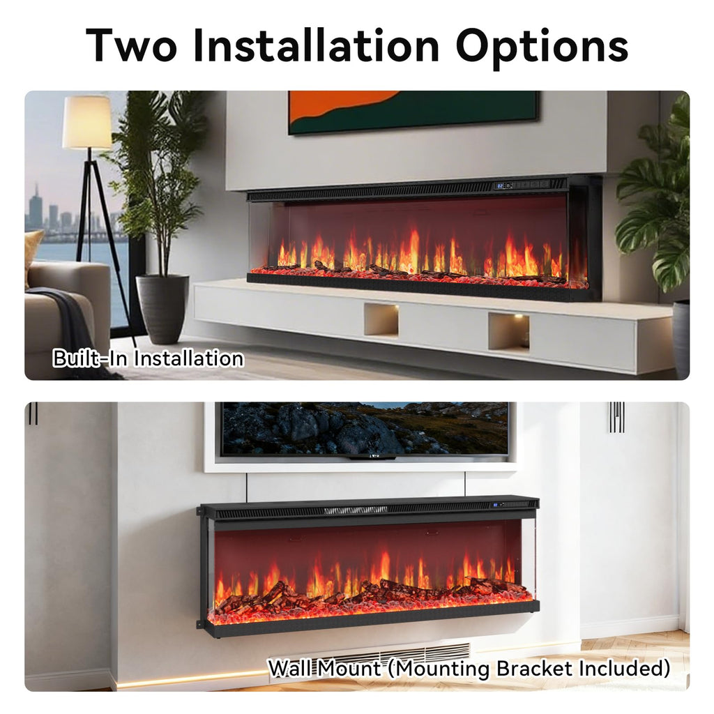 72-inch 3-Sided Wall Mount Electric Fireplace, Recessed & Built-in Design with Wi-Fi/Remote, 1500W Heater, 12 Flame