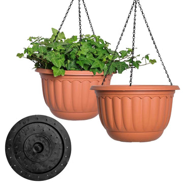 12 Inch Hanging Planters for Outdoor Plants, 2 Pack Plastic Hanging Flower Pots with Drainage Hole & Tray, Hanging