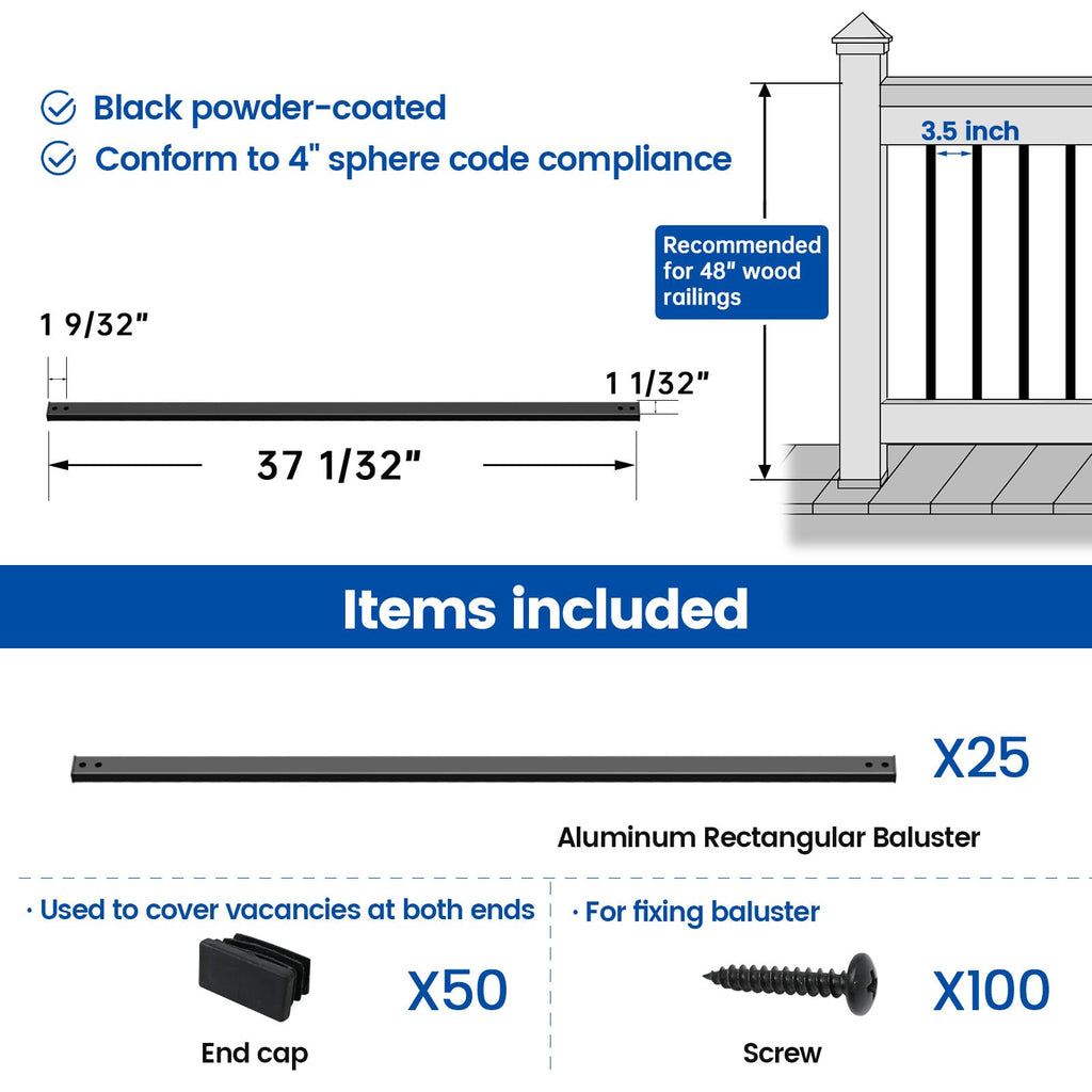 25Pack 38" Black Aluminum Side Mount Rectangular Deck Balusters WT35