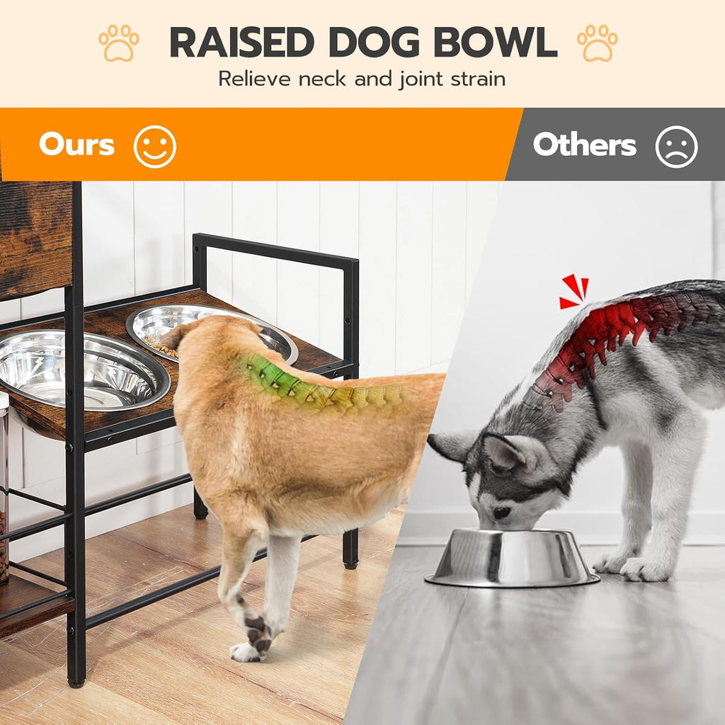 Elevated Dog Bowls Stand with Drawer, Height Adjustable Raised Feeding Station Cabinet with Storage Basket, 4-IN-1