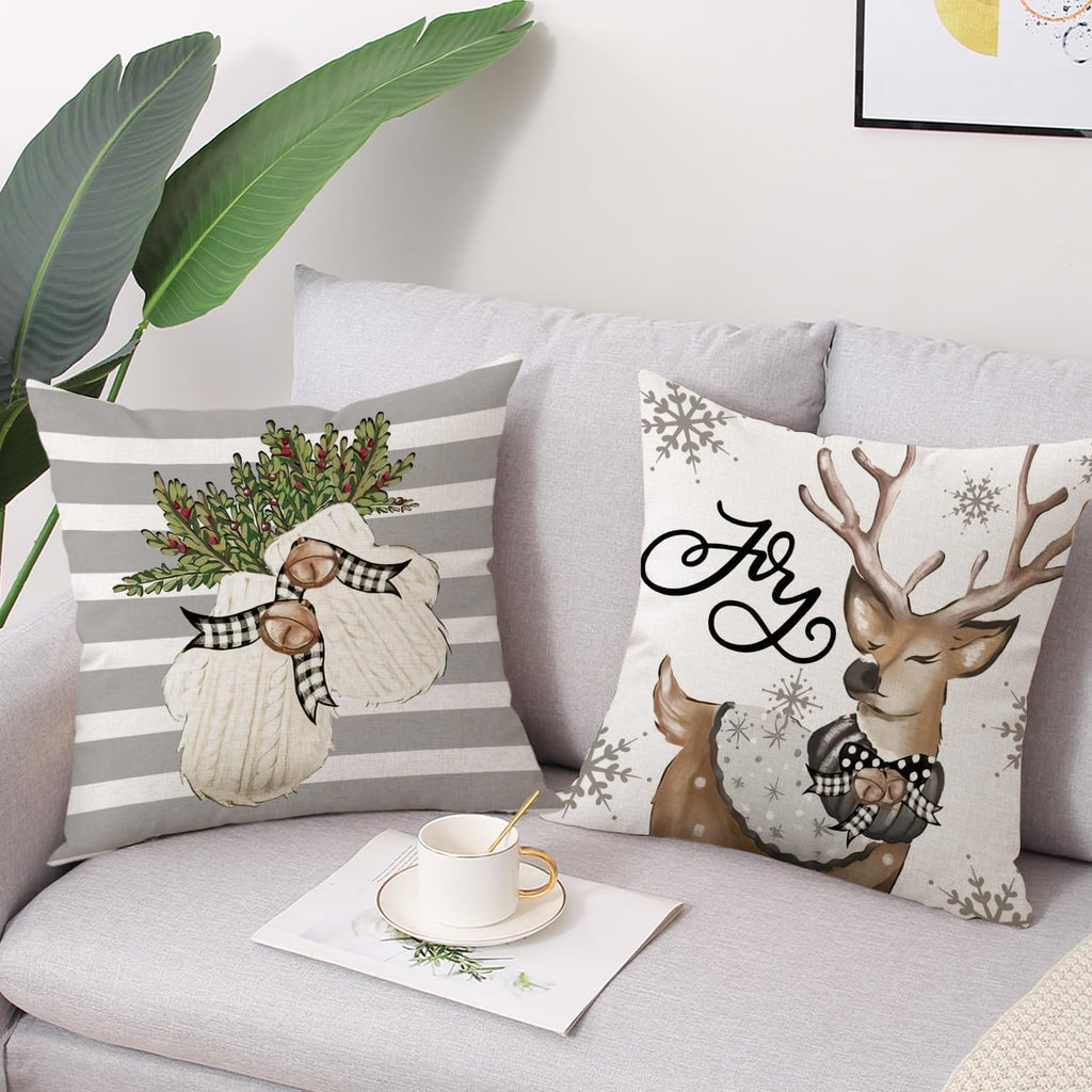 Black White Buffalo Check Plaids Christmas Pillow Covers 18x 18 Inches (Gray Stripe)