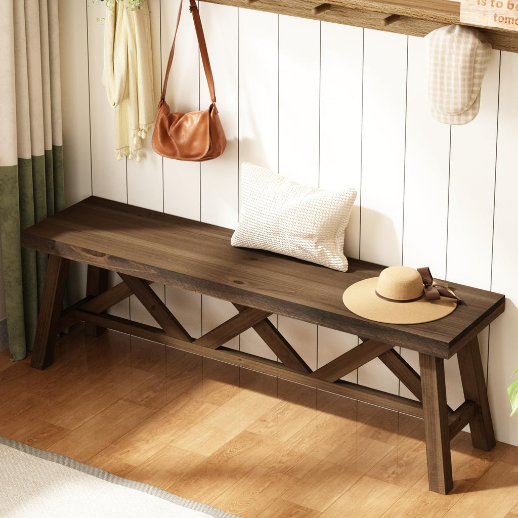 54" Farmhouse Solid Wood Bench, Rustic Entryway Bench, Natural