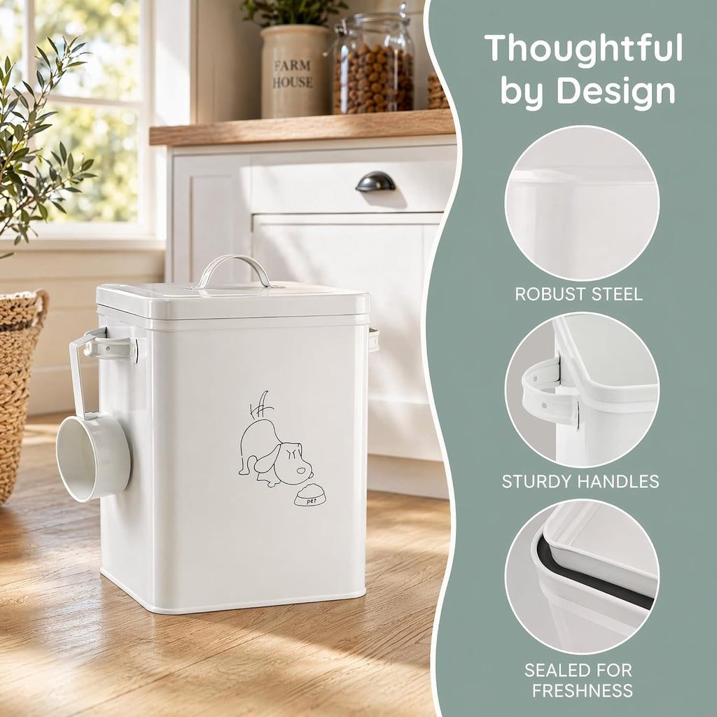 Pet Treat and Food Storage Bin with Lid and Scoop, 5LBS White Vintage Farmhouse Storage Tin, Coated Carbon Steel