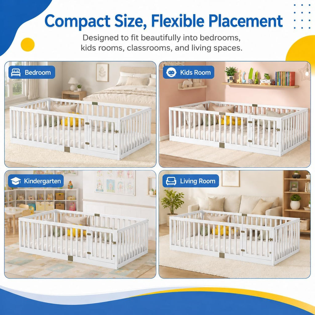 Montessori Floor Bed with High Safety Fence, Solid Rubber Wood Kids Floor Bed Frame with Guardrails and 6
