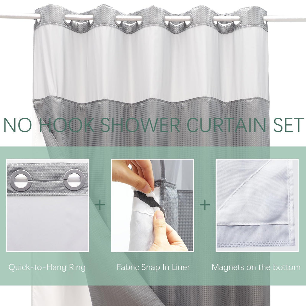 No Hook Waffle Weave Shower Curtain with Snap-in Fabric Liner Set