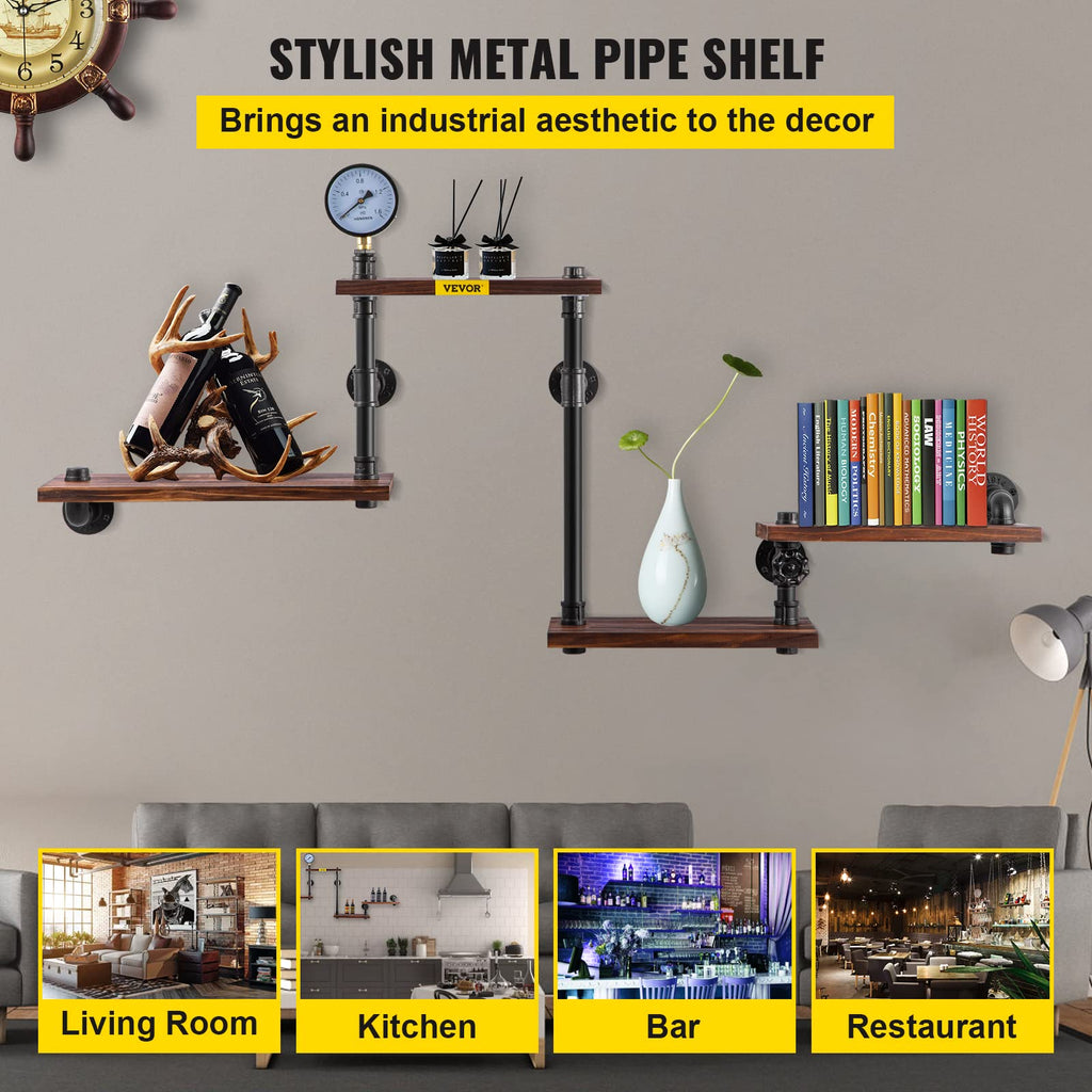 Industrial Pipe Shelving, Pipe Shelves with 4-Tier Wood Planks, Rustic Floating Shelves Wall Mounted, Wall Shelf DIY