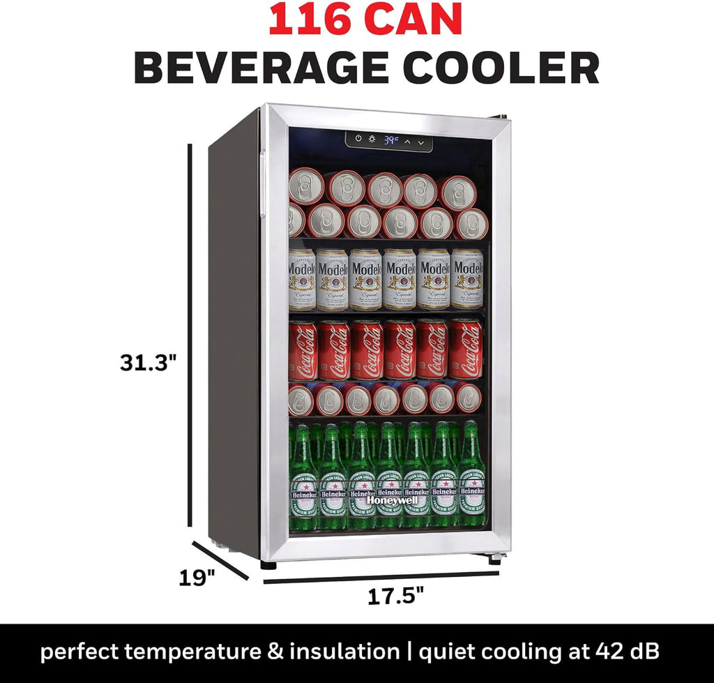 Beverage Refrigerator and Cooler, 116 Can Mini Fridge with Glass Door for Soda B