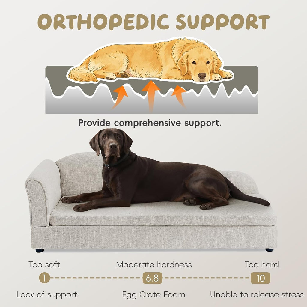 Elevated Dog Couch, Linen Pet Sofa with Wave Backrest & Single Armrest