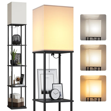5 Tier Floor Lamp with Shelves, Modern Square Standing Lamp with 3 Color Temperature Bulb, Corner Display Bookshelf