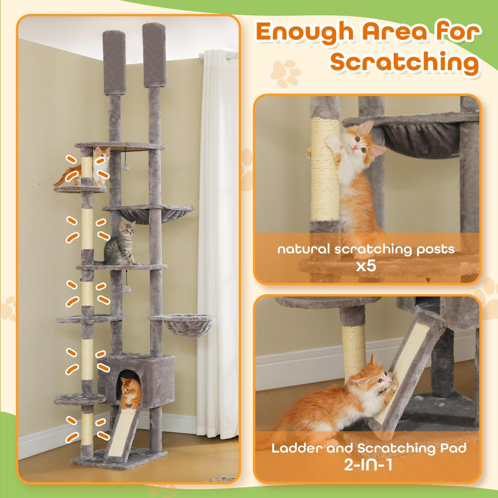 Floor to Ceiling Cat Tree, Height Adjustable 90.5-100.4'', Grey