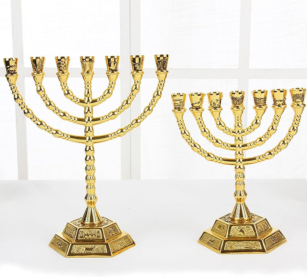 Large 7 Branch Hanukkah Gold Plated Jewish Menorahs Candle Holder