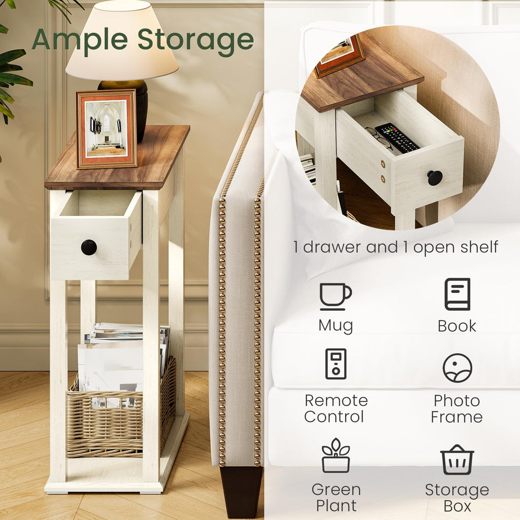 Farmhouse End Table, 2-Tier Narrow Side Table with Drawer, Wooden Nightstand, for Small Space, Living Room, Bedroom