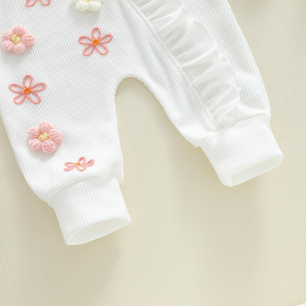 Newborn Baby Girl Clothes Ribbed Ruffle Romper Long Sleeve Zipper Onesie Jumpsuit Coming Home Outfit Girl (3D Flower