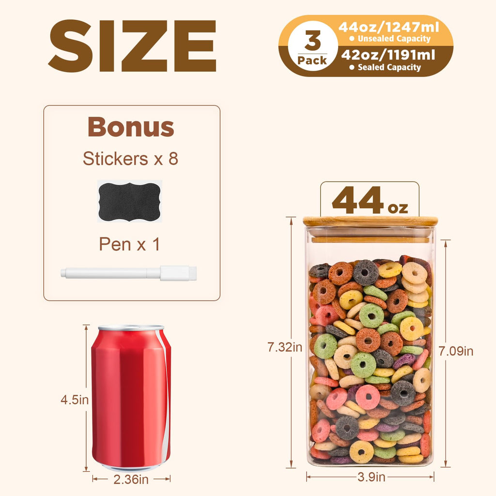 Glass Food Storage Jars Square 44oz, 3 Pack Glass Jars With Bamboo Lids, Kitchen Storage Containers For Spice, Candy
