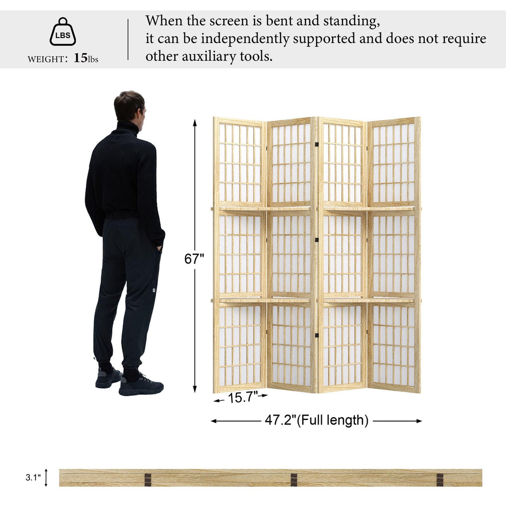 Room Divider with Shelves, 66.9-Inch Tall Japanese Shoji Style Wood Screen with Double Hinges Bedroom Hotel