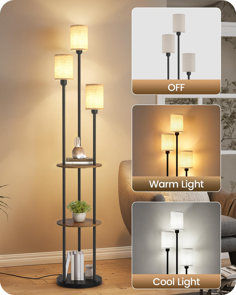 70.9" Floor Lamp with Shelves, Modern Floor Lamp with 3 Linen Shades and Foot Switch, 3-Light Standing Lamp, Study