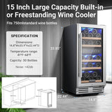 15 Inch Wine Fridge, 30 Bottles Dual Zone Wine Cooler, 41-68°F Wine Refrigerator