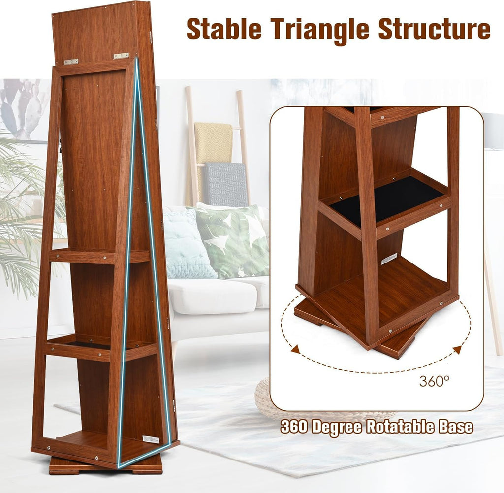 2-in-1 Mirrored Jewelry Cabinet, 360 Rotating Free Standing Jewelry Armoire, Lockable Large Capacity Jewelry
