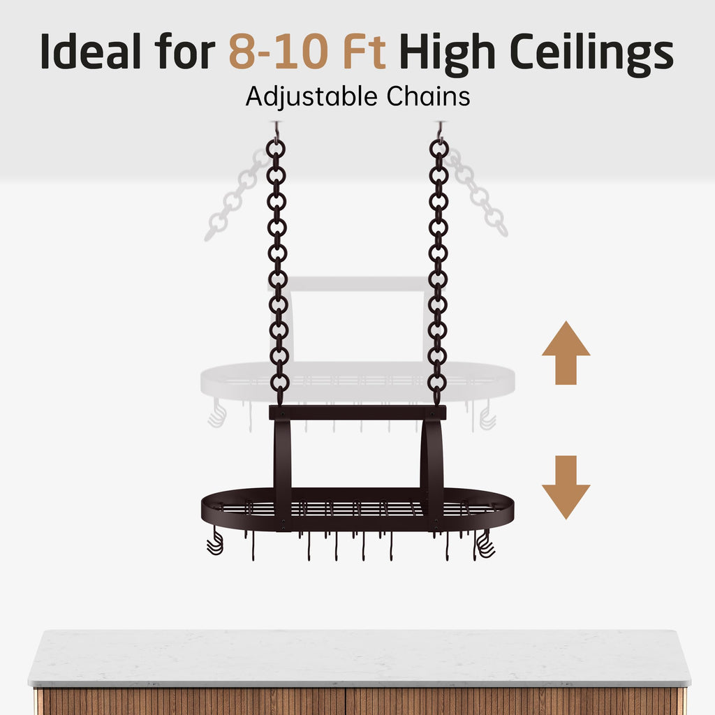 34 Inch Oiled Bronze Hanging Pot Rack, Heavy Duty Oval Pot and Pan Hanging Rack Ceiling Mount, Pot Pan Hangers