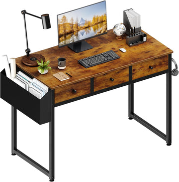 40 Inch Desk with Drawers - 39 Inch Home Office Desks with 3 Fabric Storage Drawer and Pocket, Study Writing Table