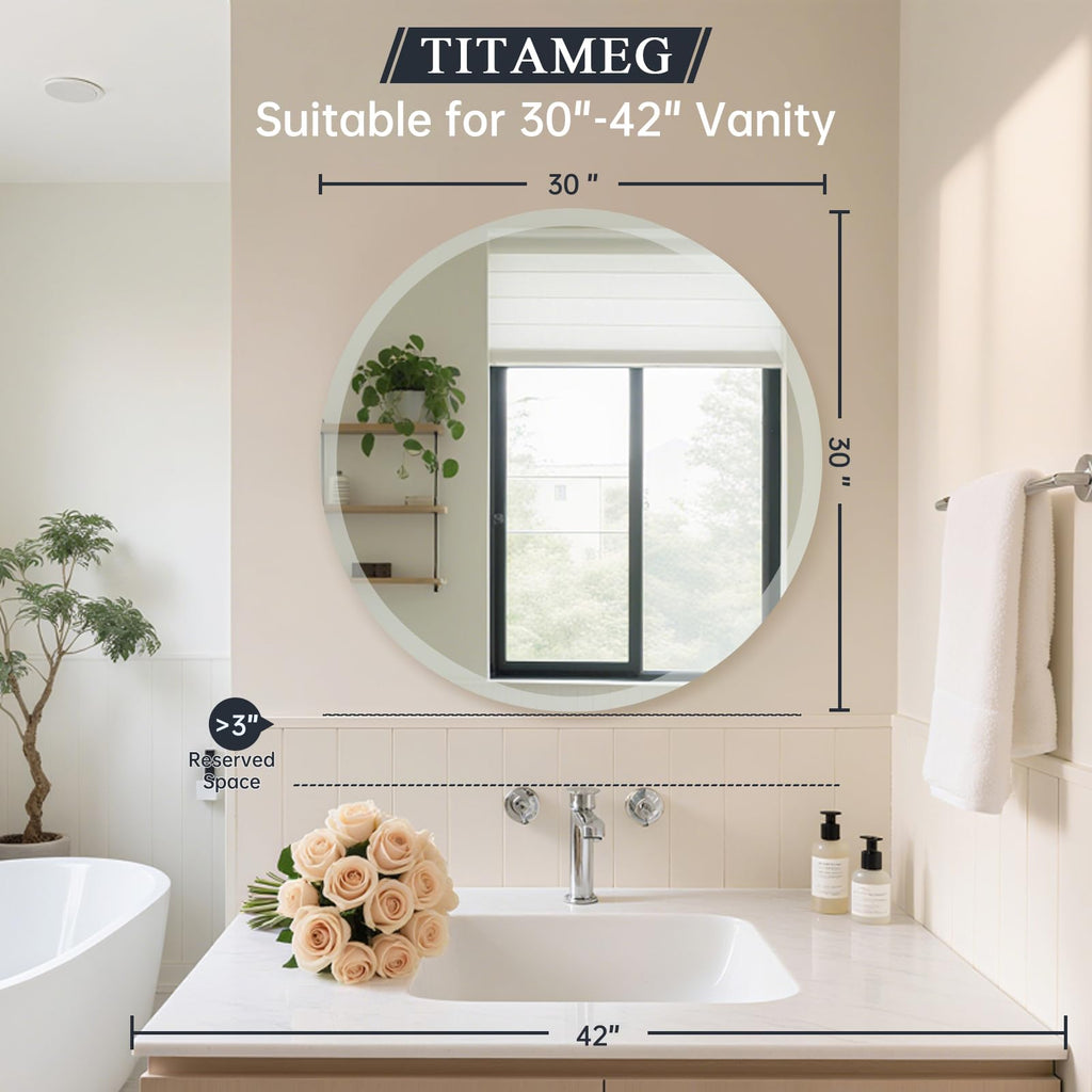 Frameless Round Mirror 30 Inch, Round Mirror with 1 inch Beveled Edge, Beveled Bathroom Mirrors for Vanity, Living
