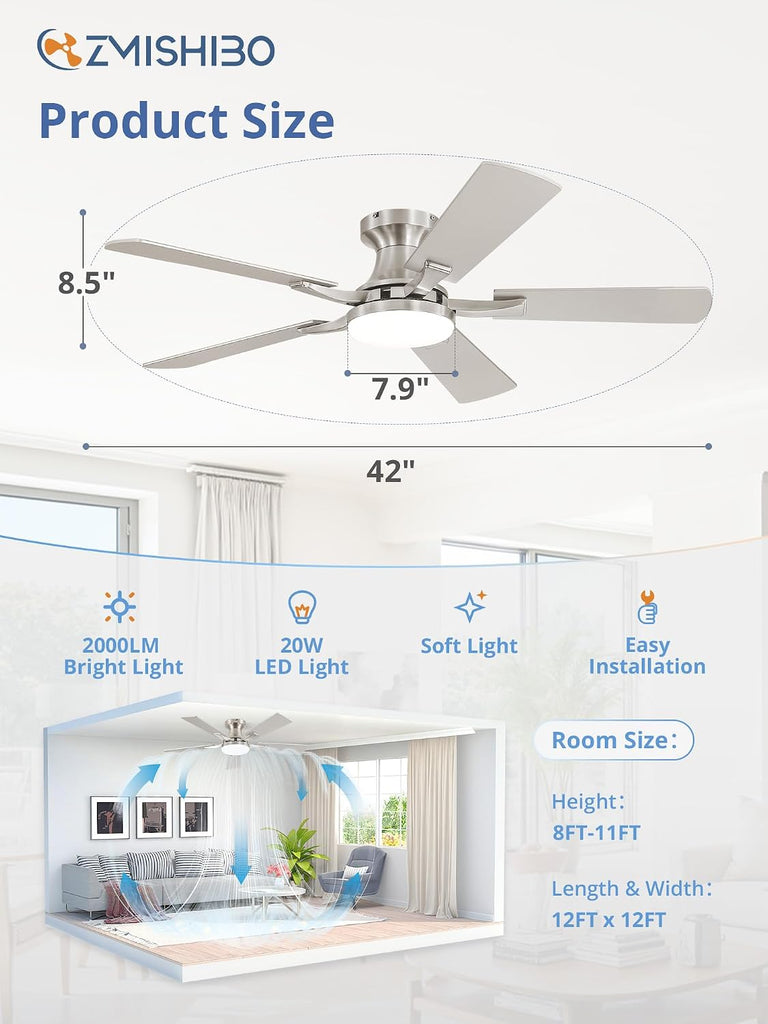 42 Inch Ceiling Fan with Light, App&Remote Control, Flush Mount Low Profile, Dimmable 20W LED Light, Quiet Reversible Motor for Bedroom, Living Room, Apartment, Nickel A101-B0F8B6BXSD
