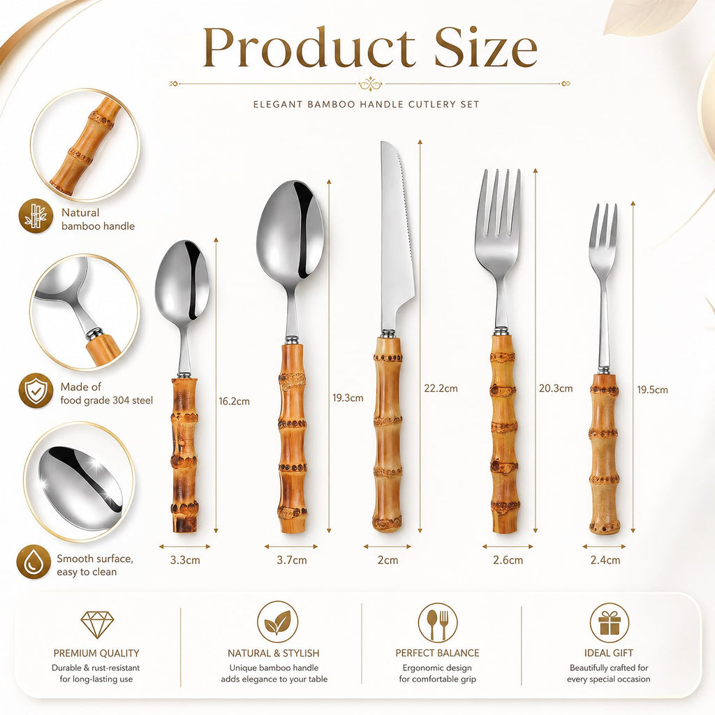 20 Pcs Bamboo Silverware Set 18/8 Stainless Steel Flatware Set